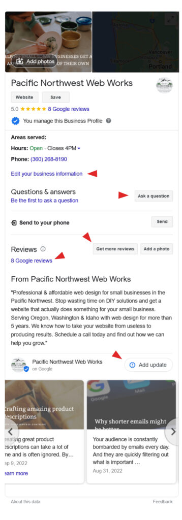 The Google Business Profile layout